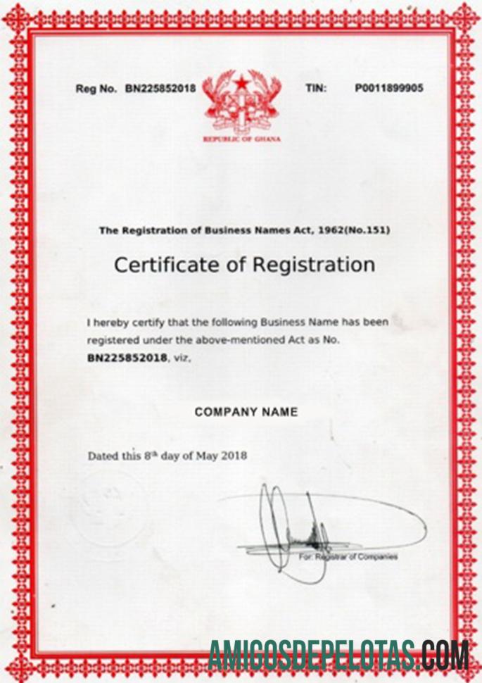 Exemplo de certificado de registro de Gana